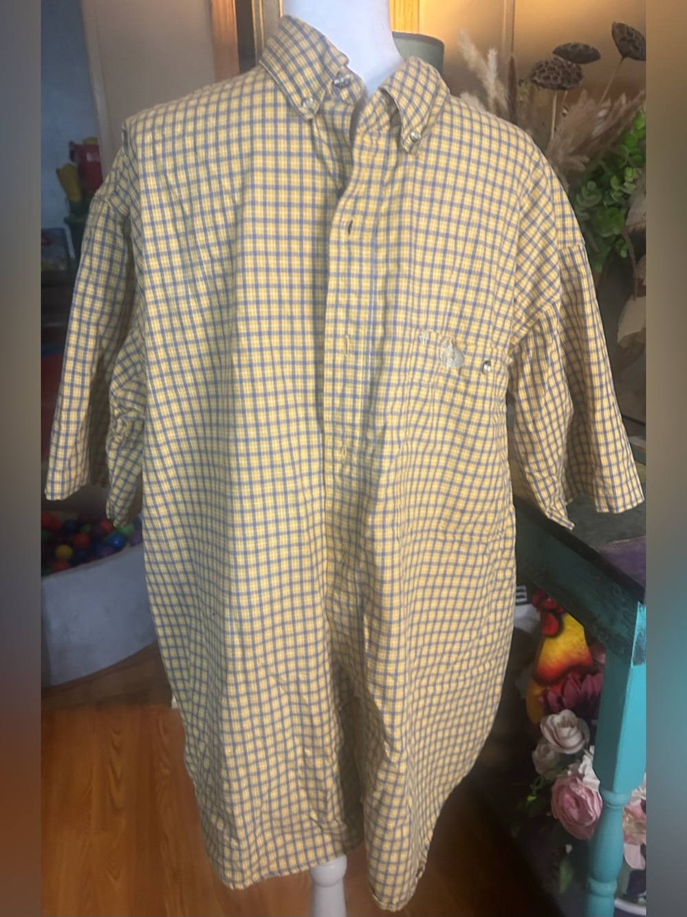 Mossy Oak Yellow and Blue Plaid Button-Down Casual Shirt XL 100% Cotton